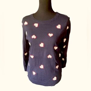 Talbots Navy Crewneck 3/4 Sleeve Sweater With White & Red Hearts, Size Large